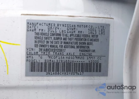 2025 Nissan Sentra Sv from USA, damaged, VIN 3N1AB8CVXSY209617